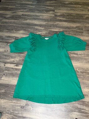 Umgee Green Ruffle Shoulder Sweatshirt Dress Size M 100% Cotton Puff Sleeve